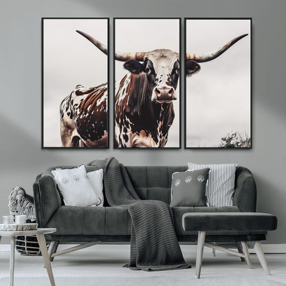 95249234-MGV-CV-36X24-Texas Longhorn Wall Art Canvas Print, Framed Spotted Bull Art Picture Print, Horned Cattle Perfect Rustic Farmhouse Decor Artwork