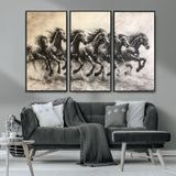 56089591-MGV-CV-36X24-Galloping Horses Wall Art Canvas Print, Framed Wild Stallions Art Picture Print, Horse Herd Sketch Perfect Monochrome Dynamic