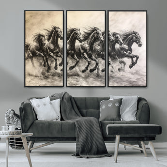 56089591-MGV-CV-36X24-Galloping Horses Wall Art Canvas Print, Framed Wild Stallions Art Picture Print, Horse Herd Sketch Perfect Monochrome Dynamic