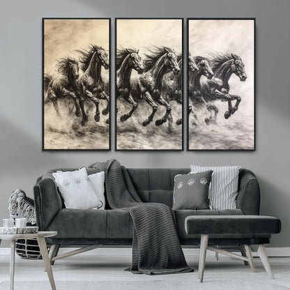 56089591-MGV-CV-36X24-Galloping Horses Wall Art Canvas Print, Framed Wild Stallions Art Picture Print, Horse Herd Sketch Perfect Monochrome Dynamic