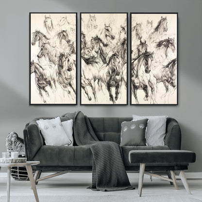 19433417-MGV-CV-36X24-Running Horses Wall Art Canvas Print, Framed Horse Sketch Art Picture Print, Galloping Herd Perfect Monochrome Western Decor