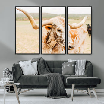 21060648-MGV-CV-36X24-Texas Longhorn Wall Art Canvas Print, Framed Speckled Cow Art Picture Print, Rustic Bull Perfect Rustic Western Decor Artwork