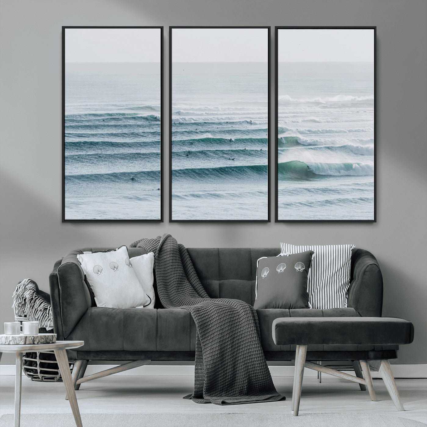 73969318-MGV-FC-48X32-3P_Black-Ocean Waves Wall Art Canvas Print, Framed Surfer Lineup Art Picture Print, Crowded Ocean Perfect Minimal Coastal Decor Artwork
