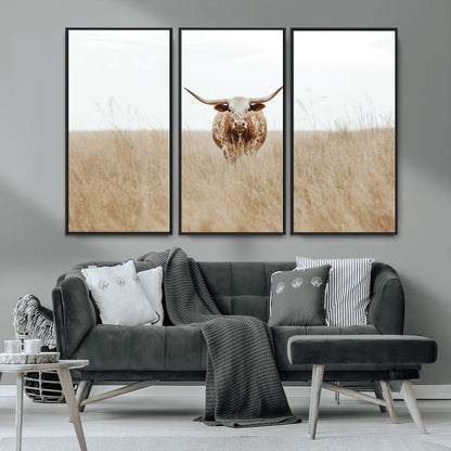 20927060-MGV-FC-48X32-3P_Black-Texas Longhorn Wall Art Canvas Print, Framed Lone Cattle Art Picture Print, Longhorn Bull Perfect Rustic Western Decor Artwork