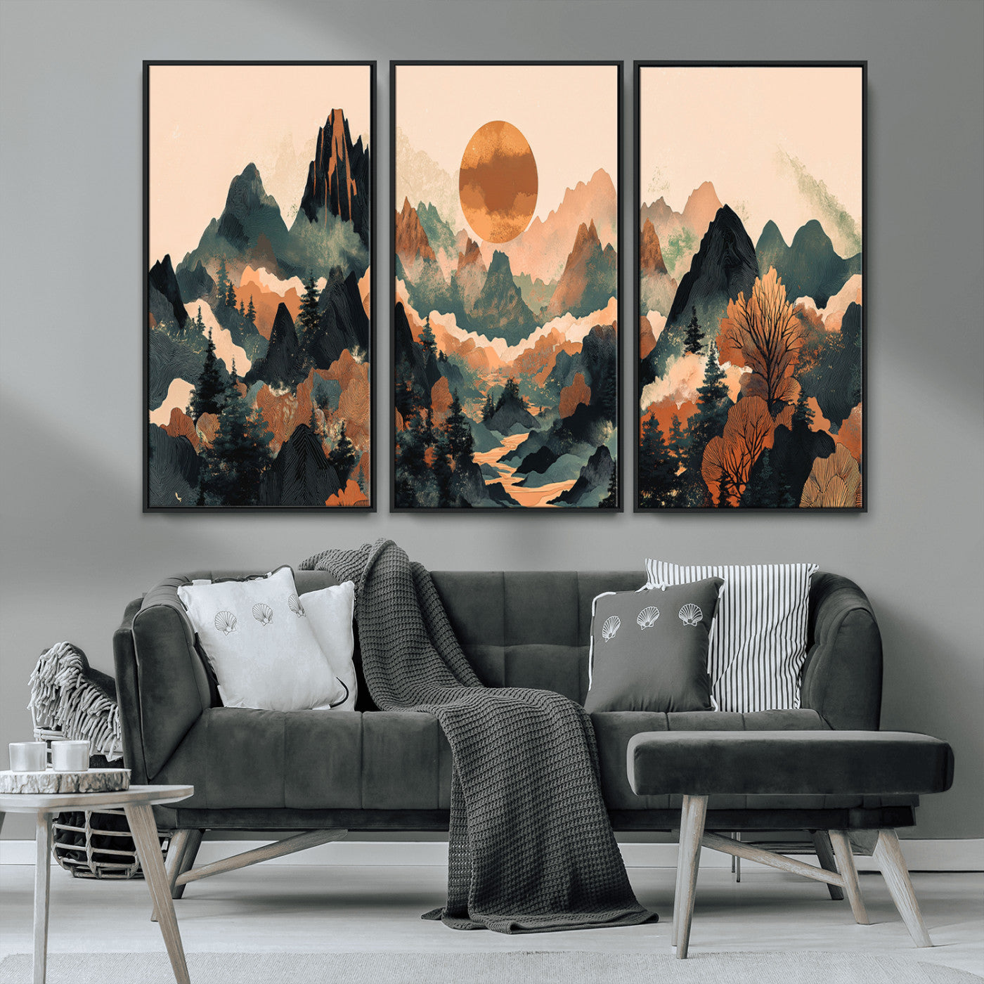 13012770-MGV-CV-36X24-Mountain Landscape Wall Art – Modern Nature Canvas Print with Sun, Misty Peaks, and Forest in Orange and Green Tones for Living