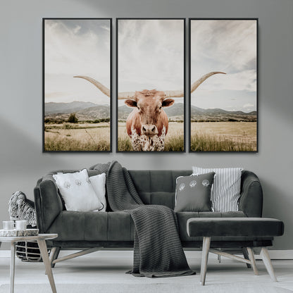 80054319-MGV-CV-36X24-Longhorn Wall Art – Rustic Western Canvas Print, Majestic Bull Artwork for Farmhouse, Ranch or Living Room