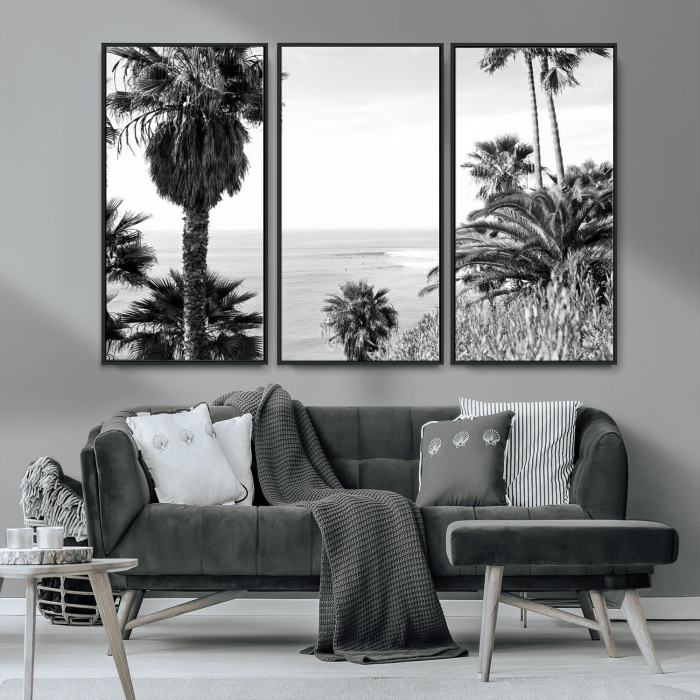 89458520-MGV-CV-36X24-Palm Trees Wall Art Canvas Print, Framed Coastal View Art Picture Print, Ocean Horizon Perfect Monochrome Coast Decor Artwork