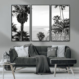 89458520-MGV-CV-36X24-Palm Trees Wall Art Canvas Print, Framed Coastal View Art Picture Print, Ocean Horizon Perfect Monochrome Coast Decor Artwork