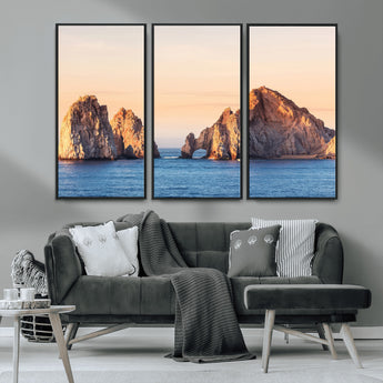 72996116-MGV-CV-36X24-El Arco Wall Art Canvas Print, Framed Cabo Rocks Art Picture Print, Ocean Arch Perfect Golden Coastal Landmark Decor Artwork