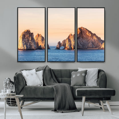 72996116-MGV-CV-36X24-El Arco Wall Art Canvas Print, Framed Cabo Rocks Art Picture Print, Ocean Arch Perfect Golden Coastal Landmark Decor Artwork
