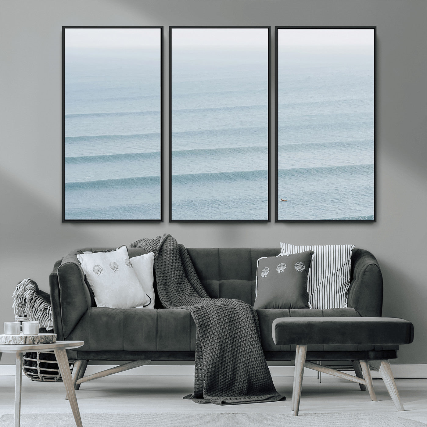 47814787-MGV-CV-36X24-Ocean Waves Wall Art Canvas Print, Framed Solo Surfer Art Picture Print, Wave Lines Perfect Minimalist Ocean Decor Artwork