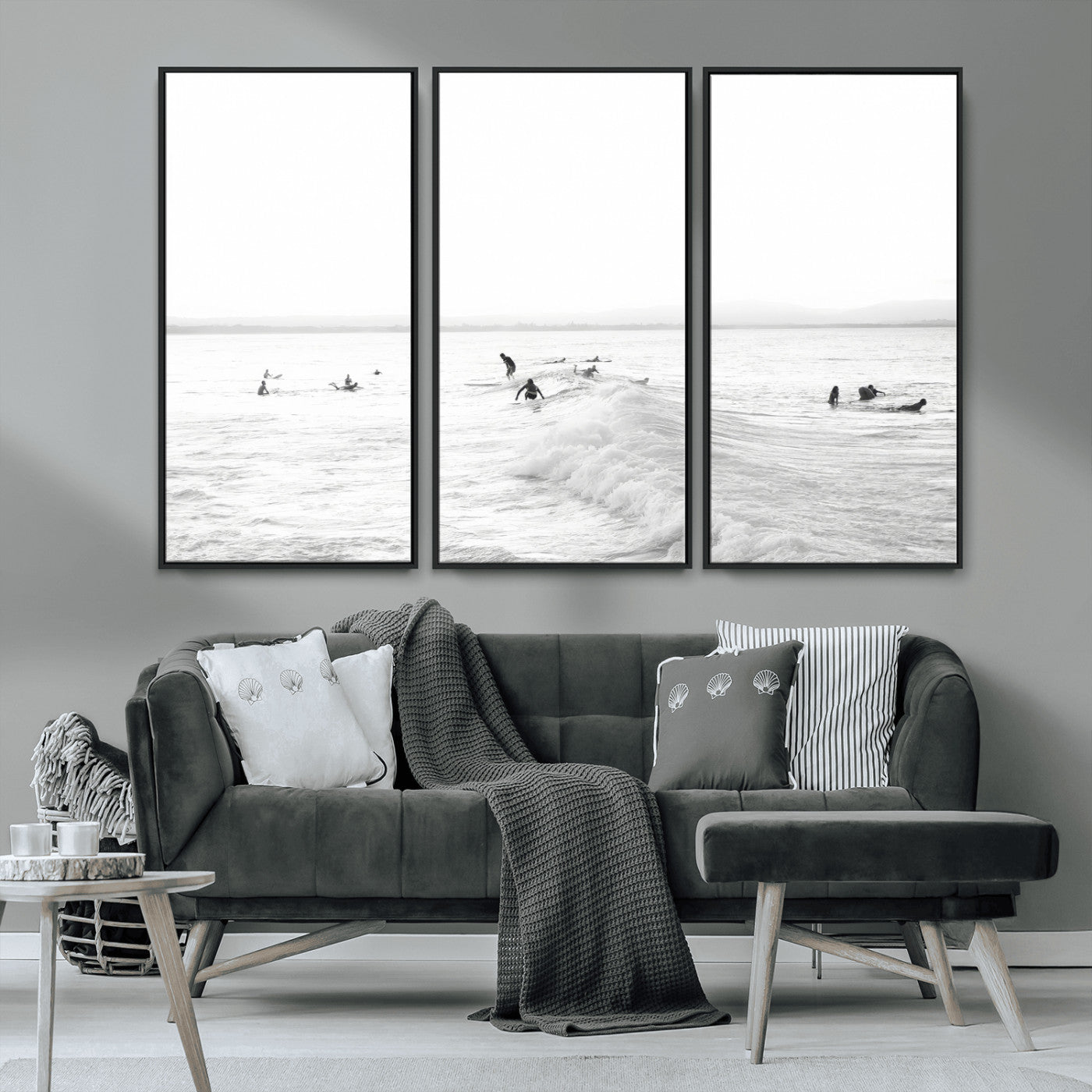 33449548-MGV-CV-36X24-Group Surfers Wall Art Canvas Print, Framed Ocean Wave Art Picture Print, Surf Crowd Perfect Monochrome Surf Decor Artwork
