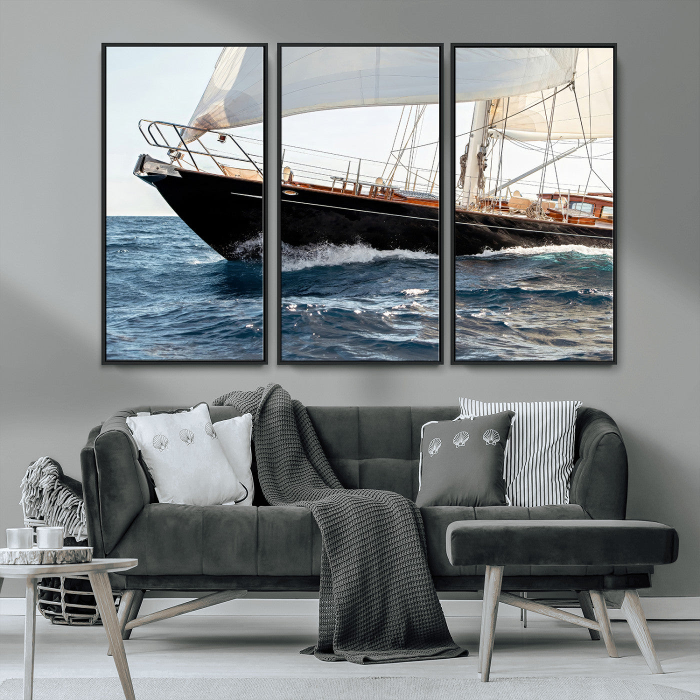 97168626-MGV-FC-48X32-3P_Black-Sailing Yacht Wall Art Canvas Print, Framed Wooden Yacht Art Picture Print, Ocean Waves Perfect Nautical Coastal Decor Artwork