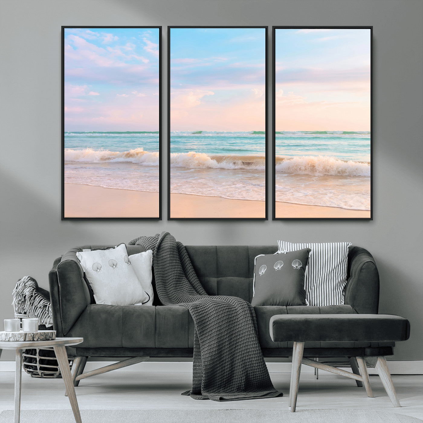 74679437-MGV-CV-36X24-Pastel Ocean Wall Art Canvas Print, Framed Beach Waves Art Picture Print, Soft Sunset Perfect Pastel Coastal Decor Artwork