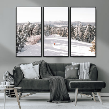 62119206-MGV-CV-36X24-Snowy Trail Wall Art Canvas Print, Framed Ski Slope Art Picture Print, Winter Pines Perfect Alpine Adventure Decor Artwork