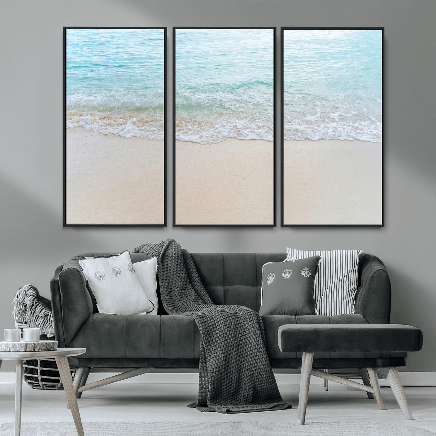 77194056-MGV-CV-36X24-Soft Shoreline Wall Art Canvas Print, Framed Gentle Waves Art Picture Print, Clear Water Perfect Minimalist Coastal Decor Artwork