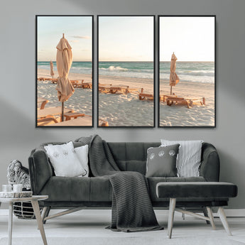 58507949-MGV-CV-36X24-Beach Umbrellas Wall Art Canvas Print, Framed Empty Loungers Art Picture Print, Soft Sand Perfect Minimalist Seaside Decor Artwork