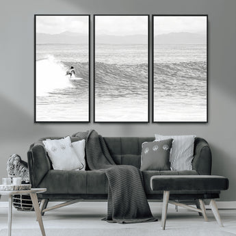81535128-MGV-CV-36X24-Surfer Woman Wall Art Canvas Print, Framed Black Ocean Art Picture Print, Ocean Surfing Perfect Monochrome Coastal Decor Artwork