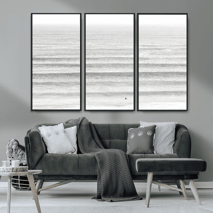 66534476-MGV-FC-48X32-3P_Black-Lone Surfer Wall Art Canvas Print, Framed Ocean Waves Art Picture Print, Minimal Sea Perfect Minimal Coastal Decor Artwork