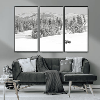 68081143-MGV-CV-36X24-Snowy Bison Wall Art Canvas Print, Framed Winter Forest Art Picture Print, Lone Bison Perfect Monochrome Winter Wild Decor Artwork
