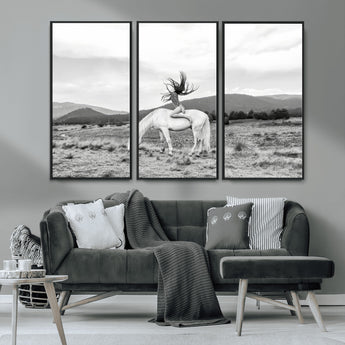 62789800-MGV-CV-36X24-White Horse Wall Art Canvas Print, Framed Woman Rider Art Picture Print, Equestrian Pose Perfect Western Boho Decor Artwork