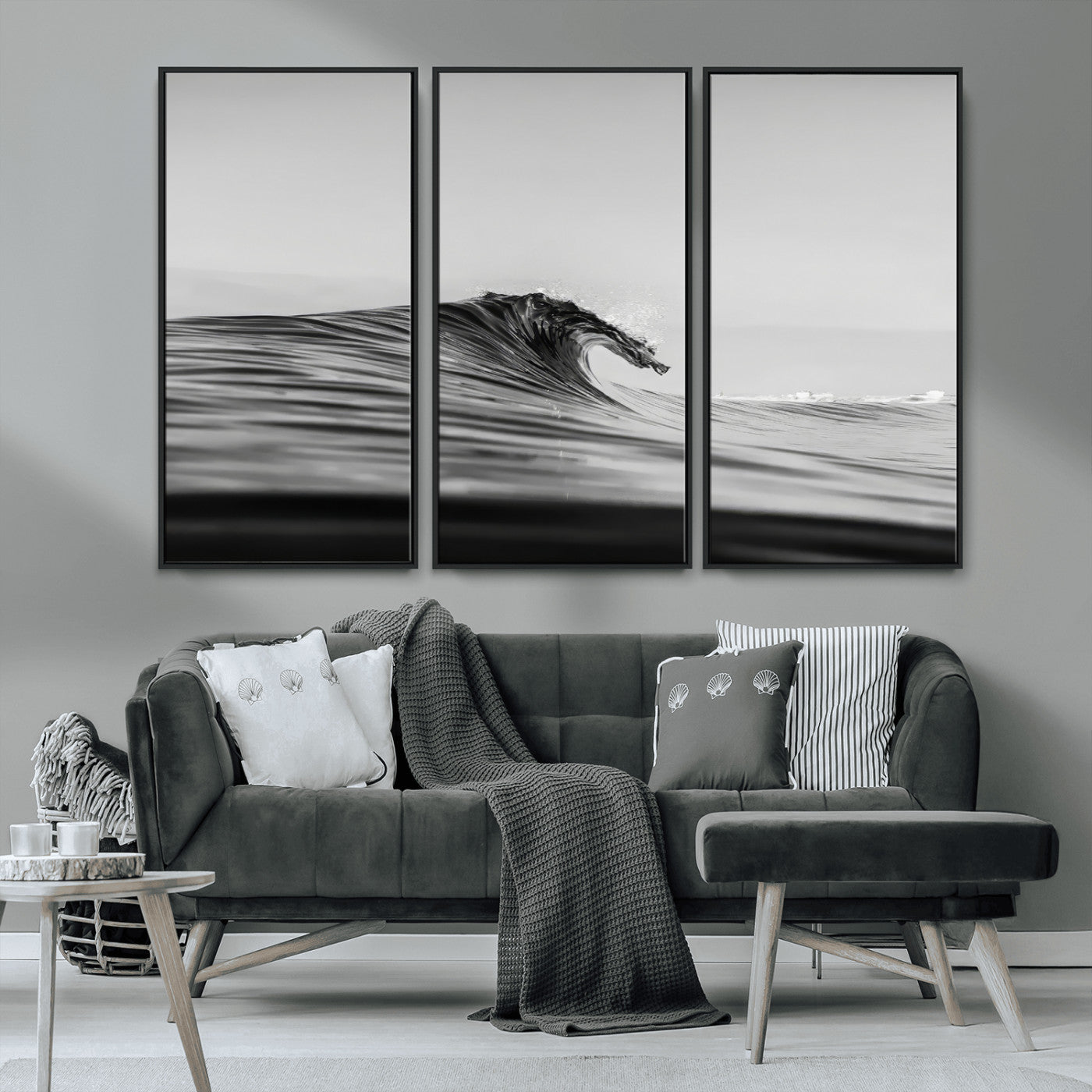 24029476-MGV-CV-36X24-Black Wave Wall Art Canvas Print, Framed Abstract Surf Art Picture Print, Minimalist Ocean Perfect Minimalist Coastal Decor