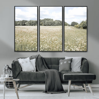 43258946-MGV-CV-36X24-Daisy Field Wall Art Canvas Print, Framed Pastel Flower Art Picture Print, Meadow Bloom Perfect Scandinavian Minimalist Decor