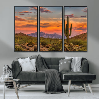 25332783-MGV-CV-36X24-Saguaro Cactus Wall Art Canvas Print, Framed Arizona Sunset Art Picture Print, Sonoran Desert Perfect Southwestern Boho Decor