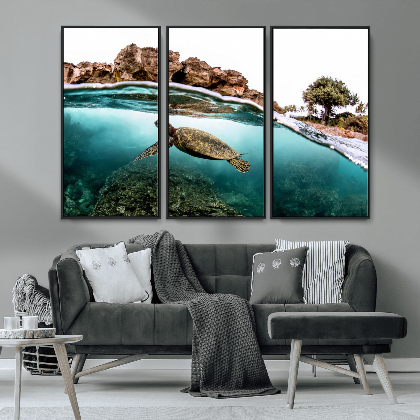 44200301-MGV-CV-36X24-Sea Turtle Swim Wall Art Canvas Print, Framed Ocean Life Art Picture Print, Tropical Shoreline Perfect Tropical Coastal Decor