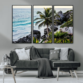 94669907-MGV-CV-36X24-Tropical Coastline Wall Art Canvas Print, Framed Palm Tree Art Picture Print, Rocky Beach Perfect Tropical Coastal Decor Artwork