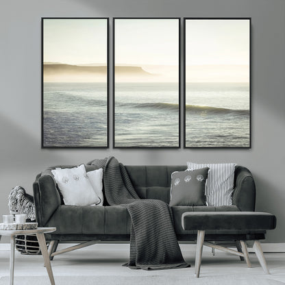 39310633-MGV-CV-36X24-Coastal Cliffs Wall Art Canvas Print, Framed Misty Ocean Art Picture Print, Morning Light Perfect Minimalistic Coastal Decor