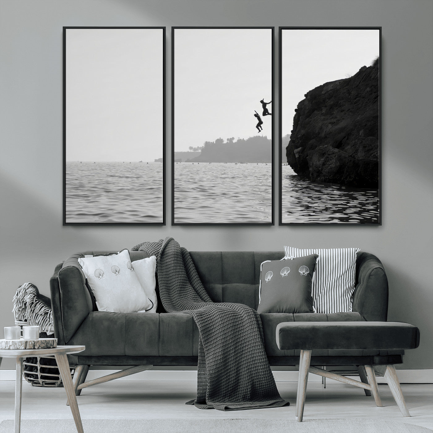 52284302-MGV-FC-48X32-3P_Black-Cliff Jumping Wall Art Canvas Print, Framed Ocean Adventure Art Picture Print, Black White Coast Perfect Modern Coastal Decor