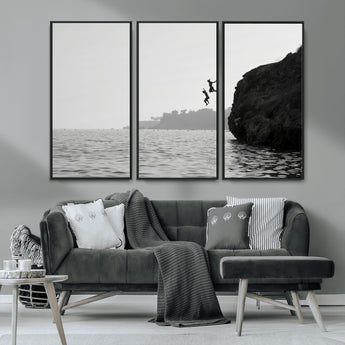 52284302-MGV-FC-48X32-3P_Black-Cliff Jumping Wall Art Canvas Print, Framed Ocean Adventure Art Picture Print, Black White Coast Perfect Modern Coastal Decor
