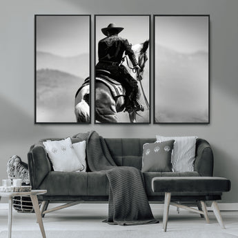 83102464-MGV-CV-36X24-Western Cowboy Wall Art Canvas Print, Framed Monochrome Horse Art Picture Print, Western Equestrian Perfect Rustic Western Decor