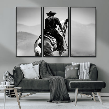 83102464-MGV-CV-36X24-Western Cowboy Wall Art Canvas Print, Framed Monochrome Horse Art Picture Print, Western Equestrian Perfect Rustic Western Decor