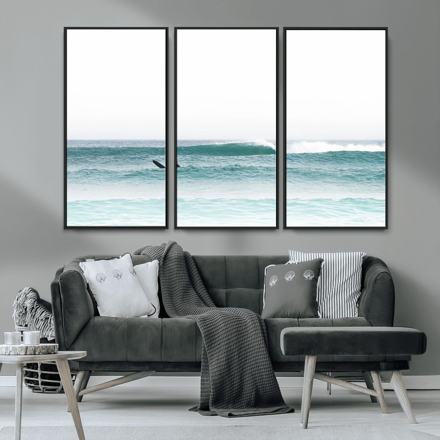 56345117-MGV-CV-36X24-Minimalist Surfing Wall Art Canvas Print, Framed Ocean Waves Art Picture Print, Soft Ocean Perfect Minimalist Coastal Decor