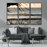 24896468-MGV-FC-48X32-3P_Black-Sunset Surf Wall Art Canvas Print, Framed Golden Waves Art Picture Print, Tropical Ocean Perfect Tropical Boho Decor Artwork