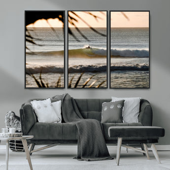 24896468-MGV-FC-48X32-3P_Black-Sunset Surf Wall Art Canvas Print, Framed Golden Waves Art Picture Print, Tropical Ocean Perfect Tropical Boho Decor Artwork