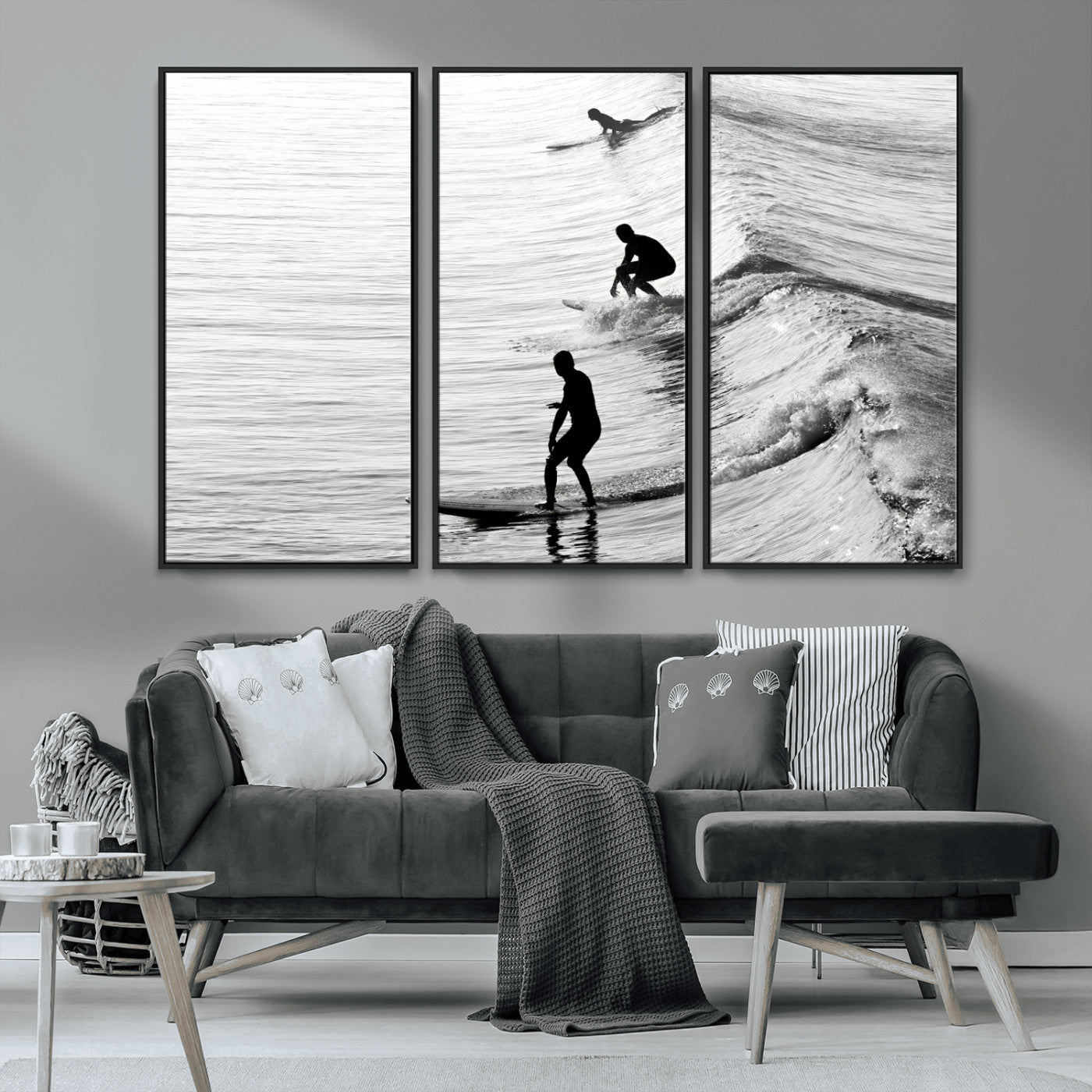 19875284-MGV-CV-36X24-Surfer Waves Wall Art Canvas Print, Framed Black White Surf Art Picture Print, Monochrome Ocean Perfect Modern Coastal Decor