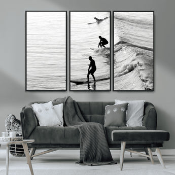19875284-MGV-CV-36X24-Surfer Waves Wall Art Canvas Print, Framed Black White Surf Art Picture Print, Monochrome Ocean Perfect Modern Coastal Decor