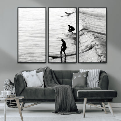 19875284-MGV-CV-36X24-Surfer Waves Wall Art Canvas Print, Framed Black White Surf Art Picture Print, Monochrome Ocean Perfect Modern Coastal Decor