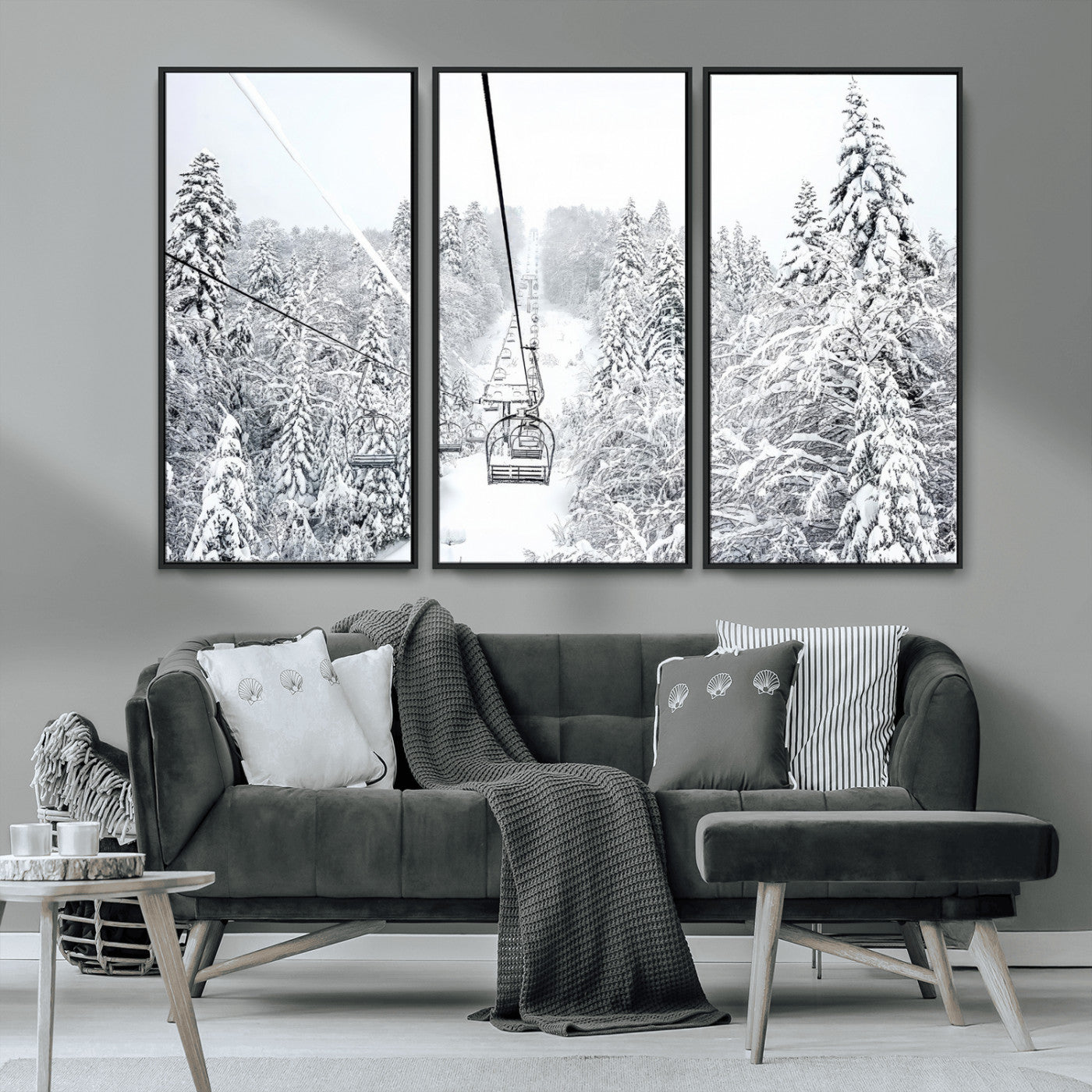 44705668-MGV-CV-36X24-Winter Forest Wall Art Canvas Print, Framed Snowy Forest Art Picture Print, Ski Lift Perfect Scandinavian Decor Artwork