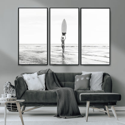 98446901-MGV-CV-36X24-Monochrome Surf Wall Art Canvas Print, Framed Minimalist Surfer Art Picture Print, Surfboard Silhouette Perfect Coastal Minimalist