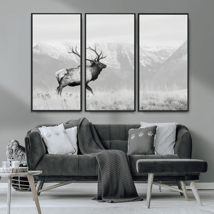 62278753-MGV-CV-36X24-Monochrome Elk Wall Art Canvas Print, Framed Mountain Wildlife Art Picture Print, Rustic Nature Perfect Rustic Minimalist Decor