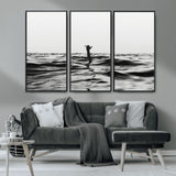 69541918-MGV-CV-36X24-Black White Ocean Wall Art Canvas Print, Framed Moody Seascape Art Picture Print, Surfer Sign Perfect Moody Minimalist Decor
