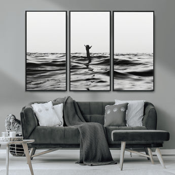69541918-MGV-CV-36X24-Black White Ocean Wall Art Canvas Print, Framed Moody Seascape Art Picture Print, Surfer Sign Perfect Moody Minimalist Decor