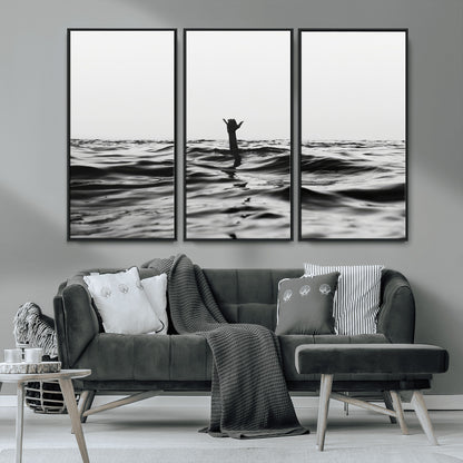 69541918-MGV-CV-36X24-Black White Ocean Wall Art Canvas Print, Framed Moody Seascape Art Picture Print, Surfer Sign Perfect Moody Minimalist Decor