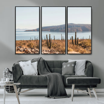 45193515-MGV-CV-36X24-Desert Cactus Wall Art Canvas Print, Framed Baja Coastline Art Picture Print, Coastal Desert Perfect Southwestern Minimalist Decor