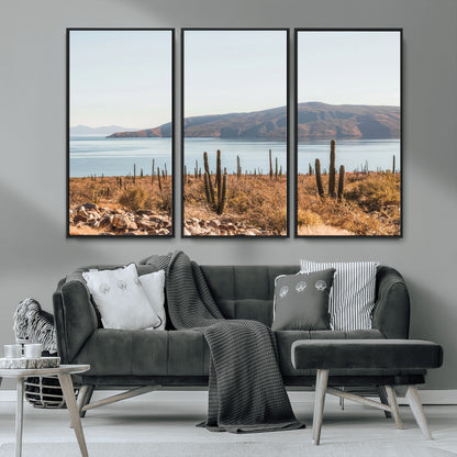 45193515-MGV-CV-36X24-Desert Cactus Wall Art Canvas Print, Framed Baja Coastline Art Picture Print, Coastal Desert Perfect Southwestern Minimalist Decor