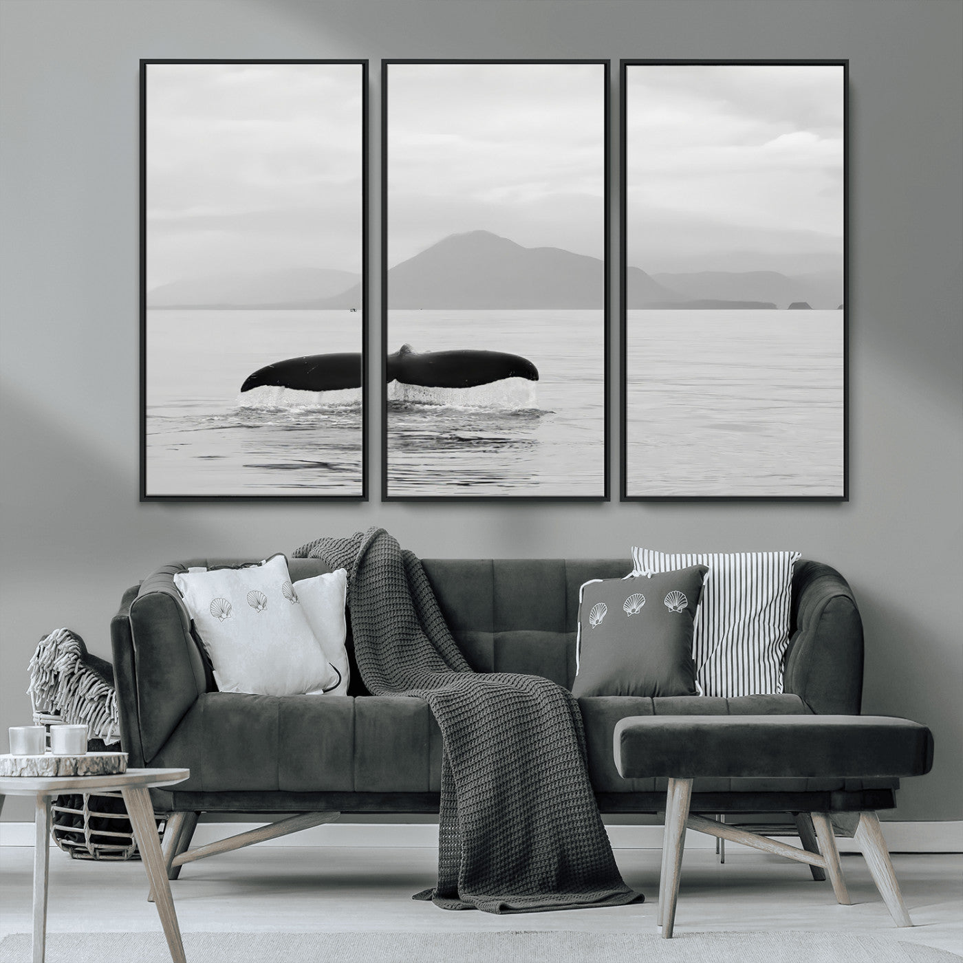 30524220-MGV-CV-36X24-Whale Tail Wall Art Canvas Print, Framed Black White Ocean Art Picture Print, Calm Marine Perfect Minimalist Coastal Decor Artwork